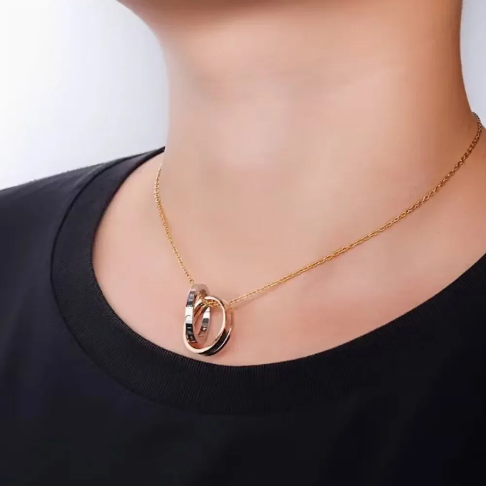 Love Pendant Necklace Two-Tone Interlocking Rings Stainless Steel Couples Gift
